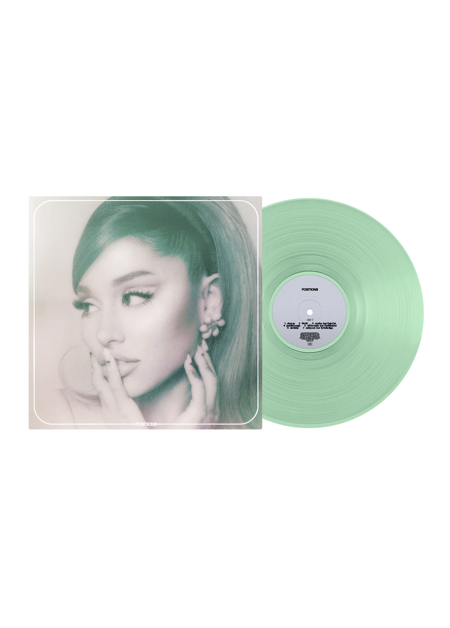 Imagen del vinilo transparente de Ariana Grande – Positions de la marca Oh My Cd!, mostrando la portada del álbum en una vista frontal.