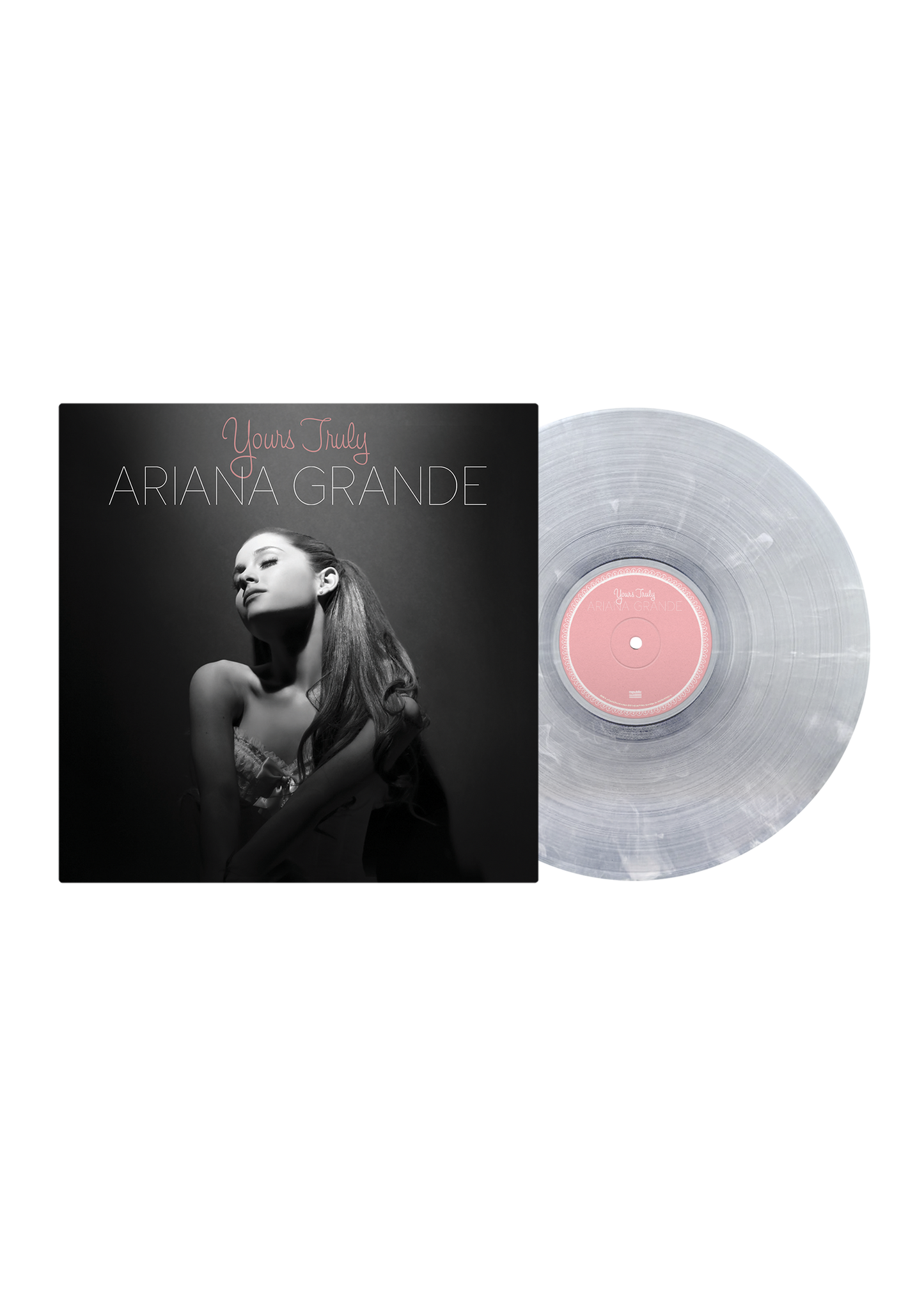 Portada del vinilo de Ariana Grande - Yours Truly en vinilo blanco y transparente, con diseño de remolino.
