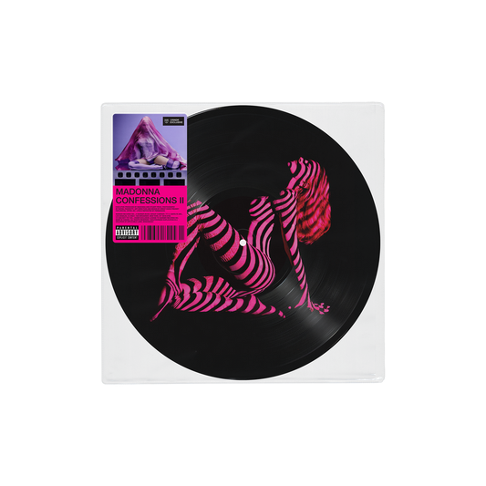 Disco de vinilo de edición exclusiva de Grindr de Madonna Confessions II, imagen de disco de Picture Disc con arte en la etiqueta.