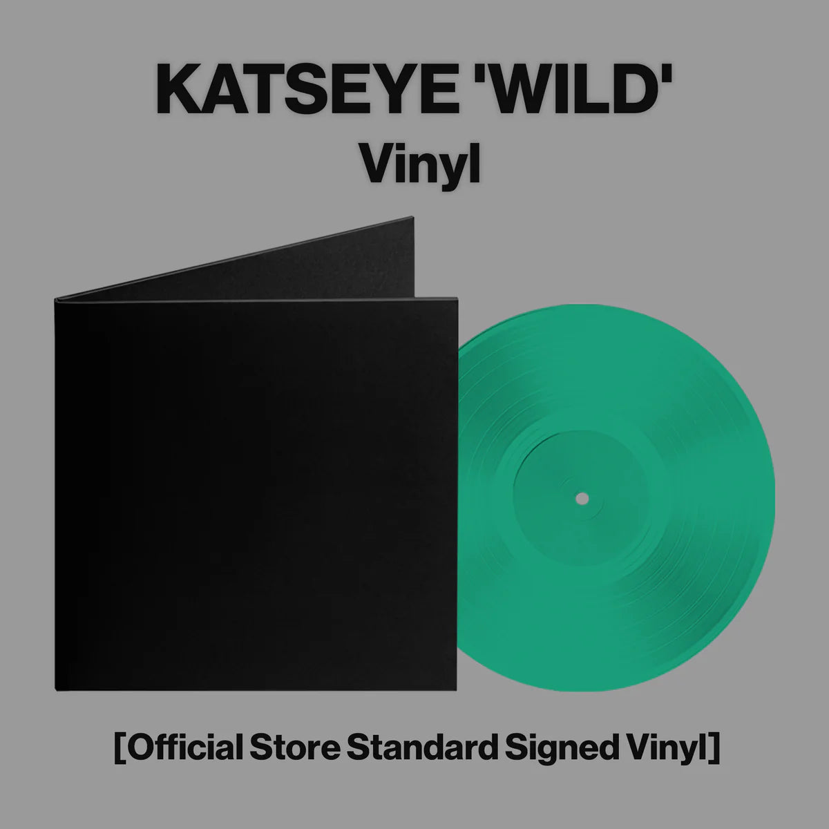 Vinilo firmado de KATSEYE – WILD por Oh My Cd!, en color jade con diseño artístico visible en la imagen.