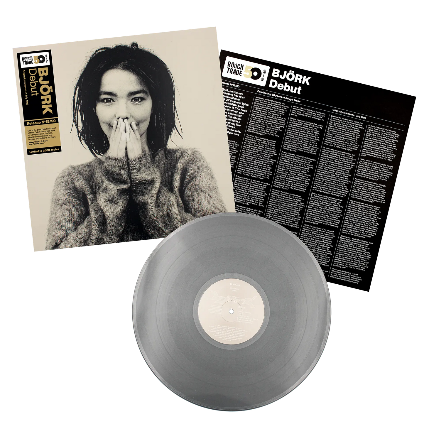 Vinilo plateado de la edición aniversario de 50 años de Björk – Debut, de la marca Oh My Cd!, en imagen.