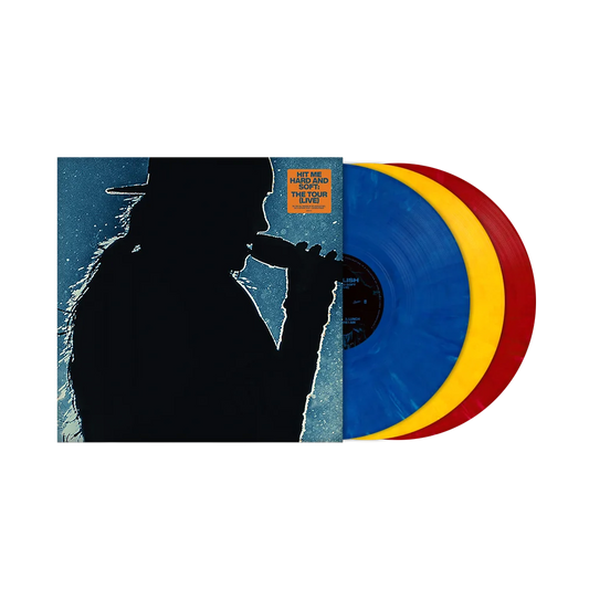 Vinilo de Billie Eilish "Hit Me Hard and Soft: The Tour" en portada con arte colorido y título en letras grandes.