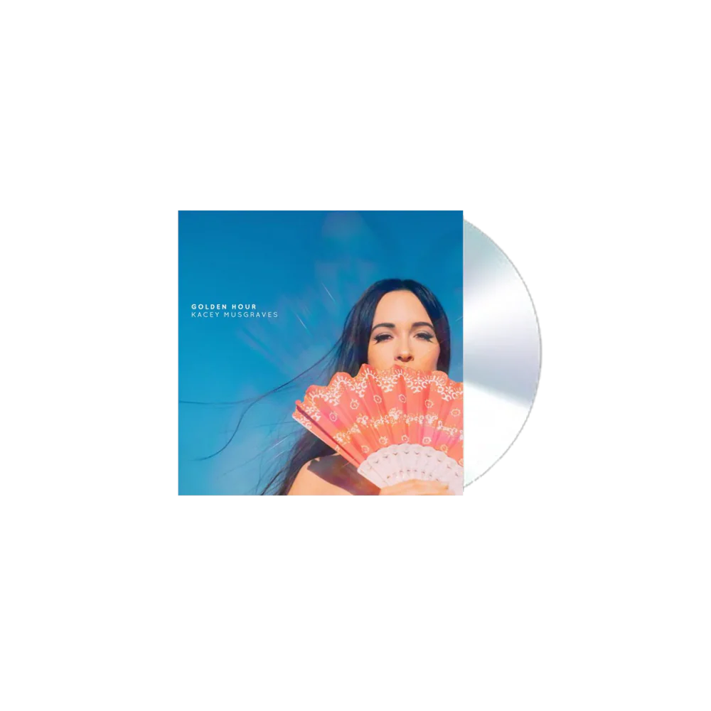 Imagen del CD "Golden Hour" de Kacey Musgraves, en una funda con arte de portada colorido y detalles musicales.