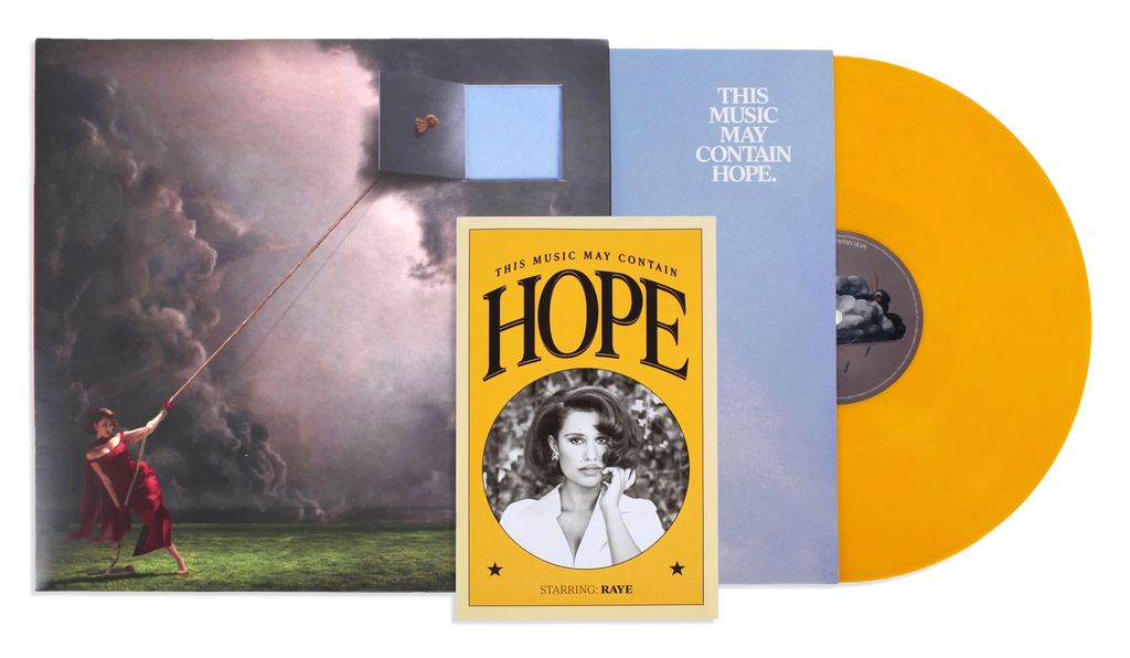 Portada del vinilo de RAYE - THIS MUSIC MAY CONTAIN HOPE, con ilustración artística y título en letras blancas sobre fondo oscuro.