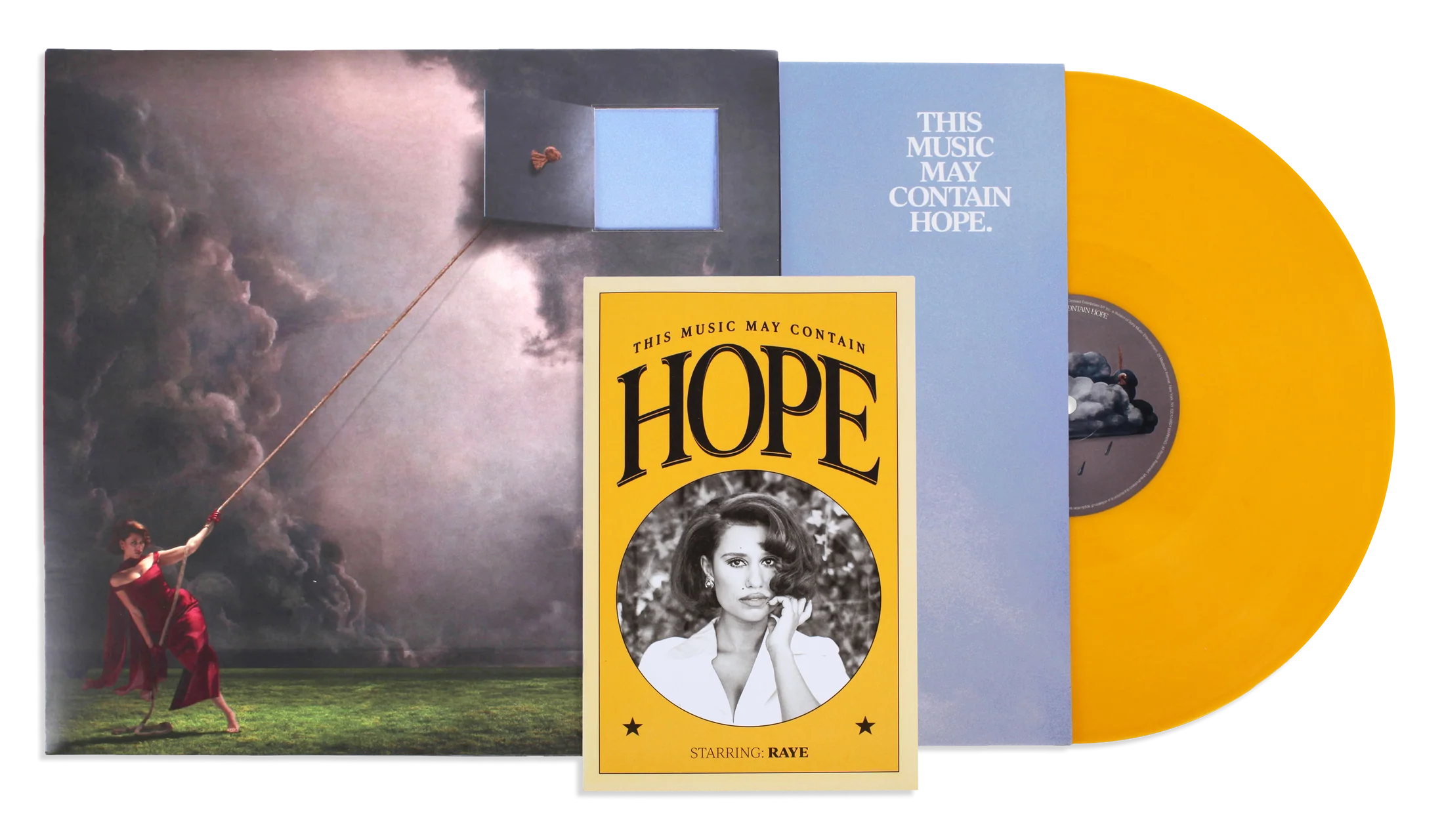Portada del vinilo de RAYE - THIS MUSIC MAY CONTAIN HOPE, con ilustración artística y título en letras blancas sobre fondo oscuro.