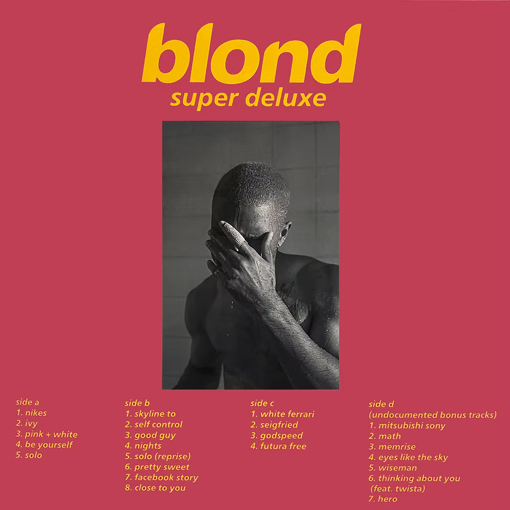 Portada del álbum Blond de Frank Ocean en vinilo blanco de 2LP, edición bootleg deluxe, con diseño alternativo y estilo visual llamativo.