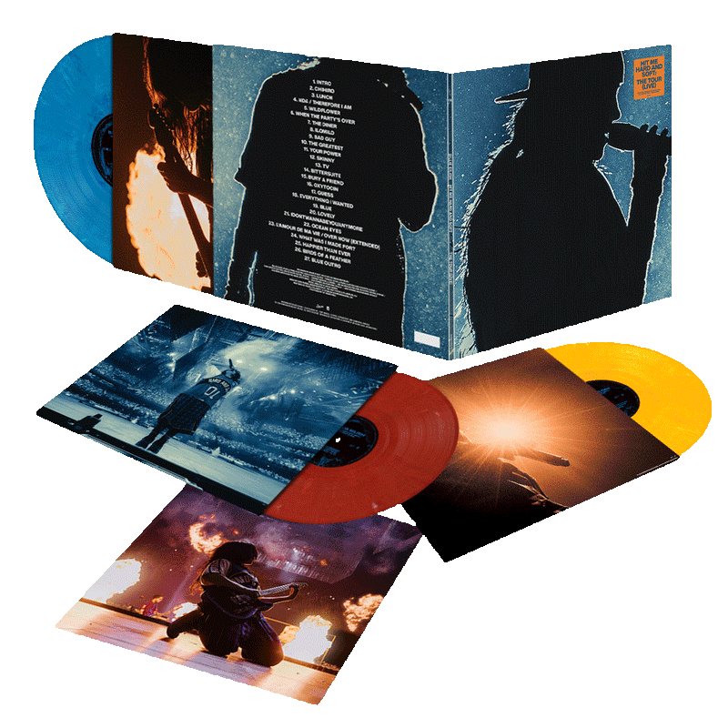 Portada del vinilo de Billie Eilish – HIT ME HARD AND SOFT: THE TOUR en formato físico, con diseño de la portada y colores llamativos.