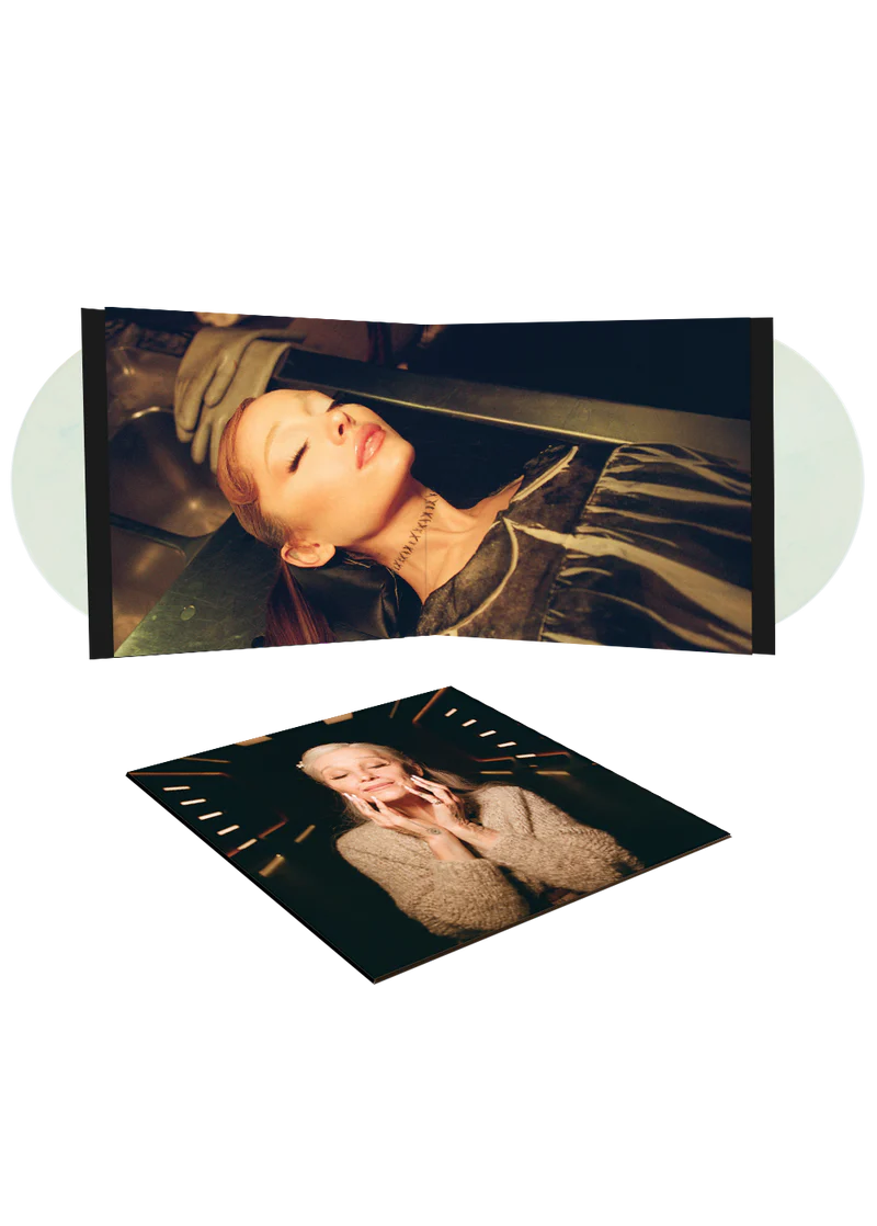 Disco de vinilo de 2LP de "Eternal Sunshine Deluxe" de Ariana Grande en vinilo mármol translúcido, vista de la portada y discos.