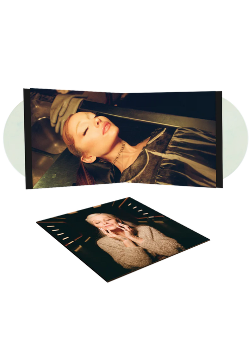 Disco de vinilo de 2LP de "Eternal Sunshine Deluxe" de Ariana Grande en vinilo mármol translúcido, vista de la portada y discos.