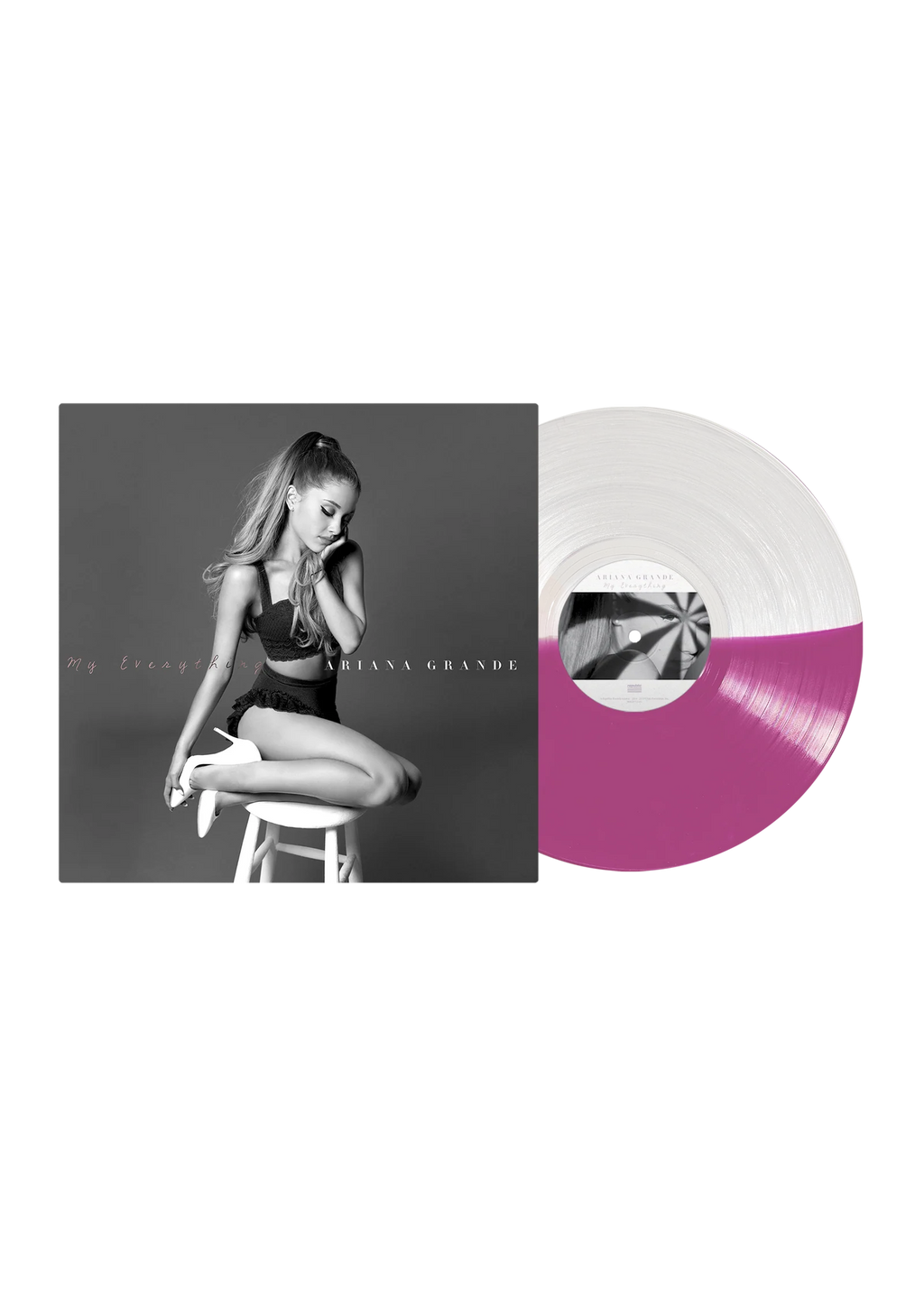 Portada del álbum Ariana Grande – My Everything en vinilo transparente y lavanda, con arte y texto en la portada.