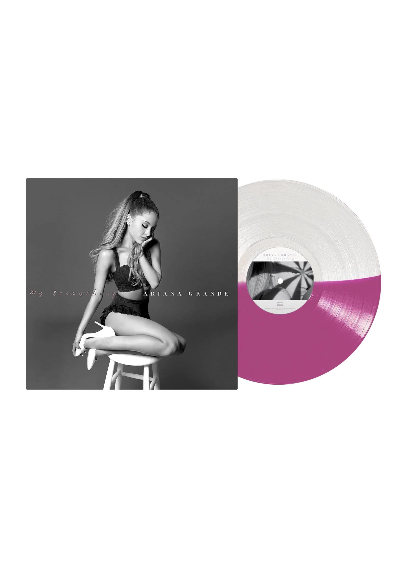 Portada del álbum Ariana Grande – My Everything en vinilo transparente y lavanda, con arte y texto en la portada.