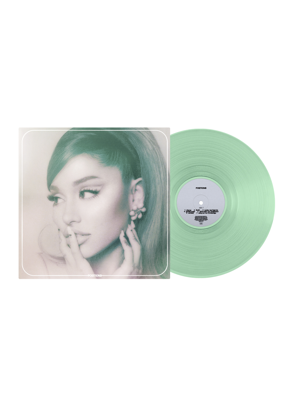 Imagen del vinilo transparente de Ariana Grande – Positions de la marca Oh My Cd!, mostrando la portada del álbum en una vista frontal.