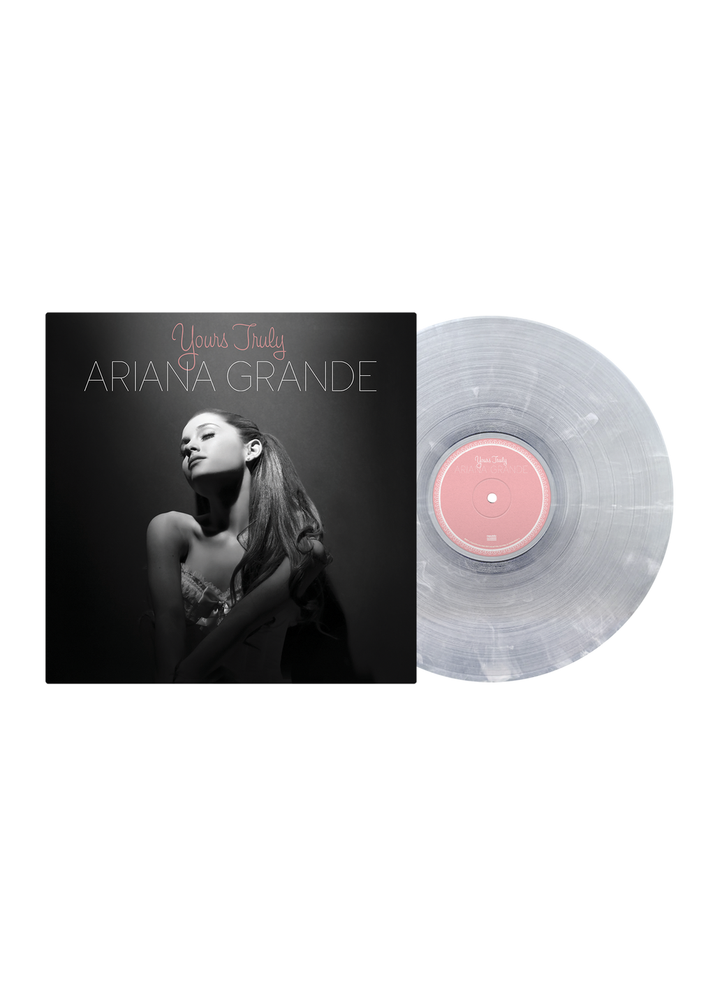 Portada del vinilo de Ariana Grande - Yours Truly en vinilo blanco y transparente, con diseño de remolino.