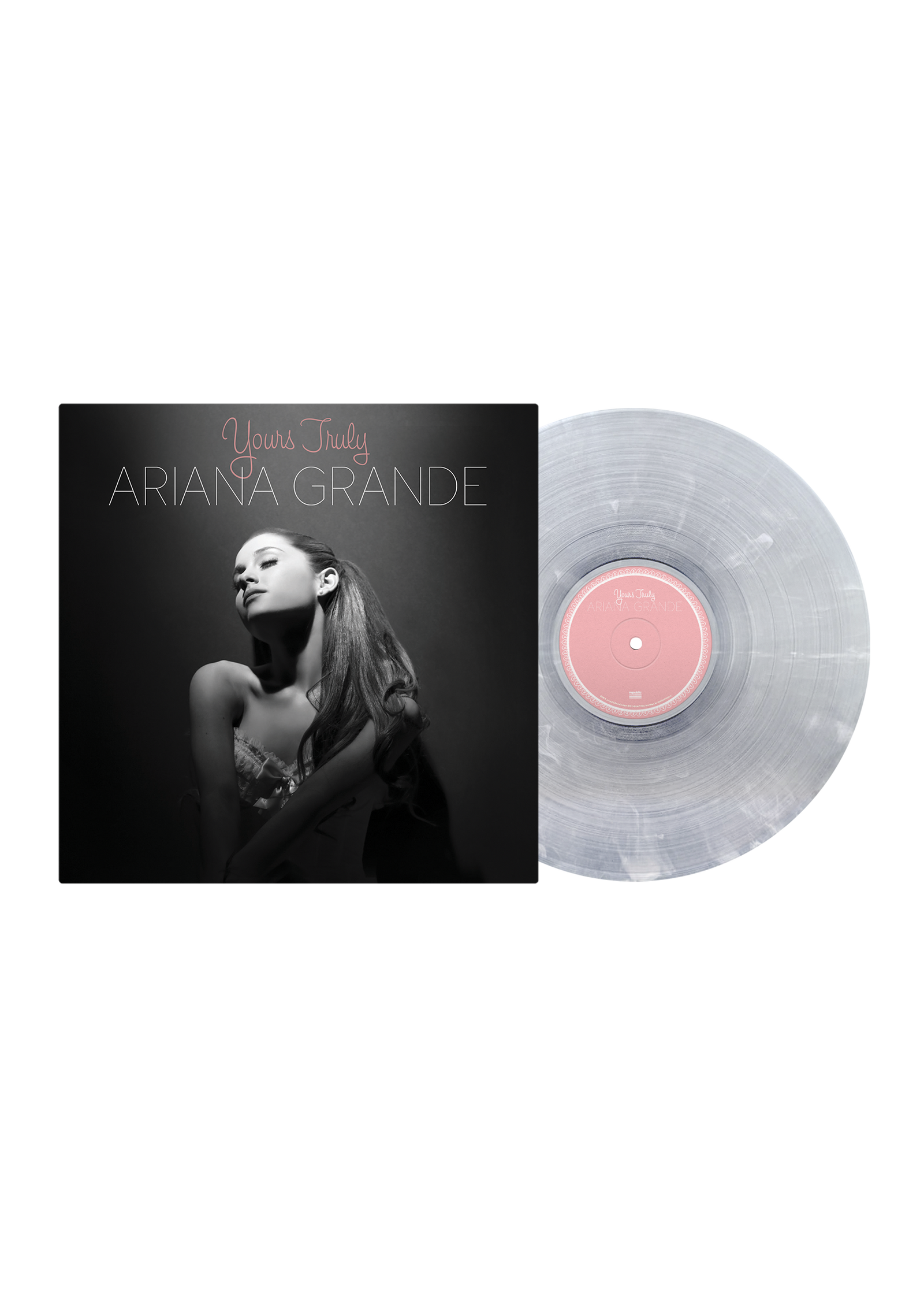 Portada del vinilo de Ariana Grande - Yours Truly en vinilo blanco y transparente, con diseño de remolino.