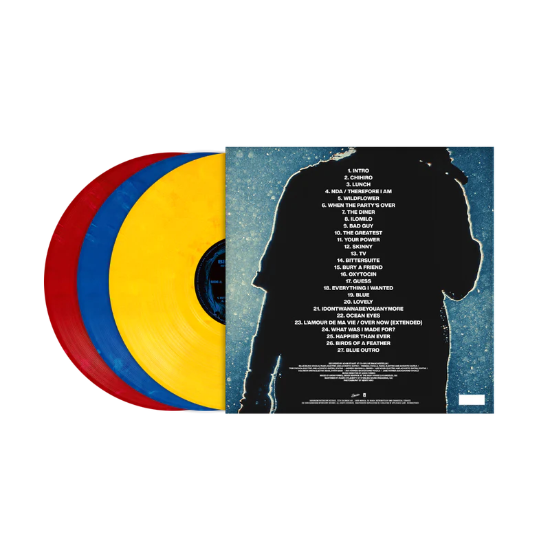 Vinilo de la gira en vivo de Billie Eilish titulado "HIT ME HARD AND SOFT" con arte de álbum y detalles visuales en la portada.