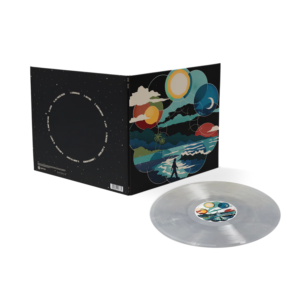 Disco de vinilo de Louis Tomlinson "How Did I Get Here?" en mármol blanco y transparente, con portada alternativa.