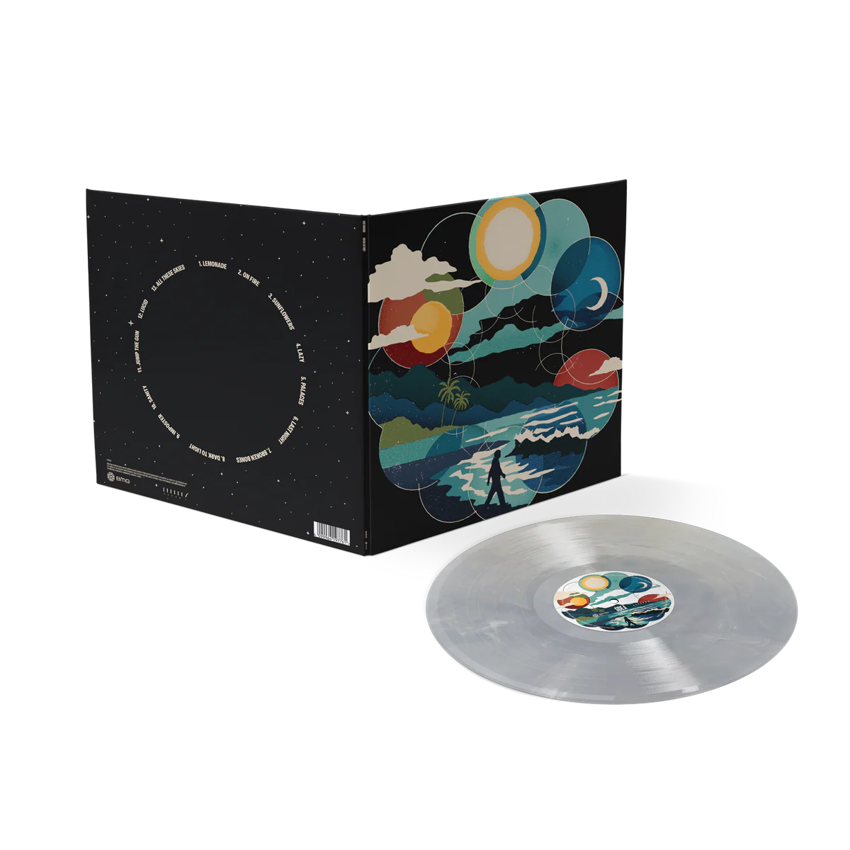 Disco de vinilo de Louis Tomlinson "How Did I Get Here?" en mármol blanco y transparente, con portada alternativa.