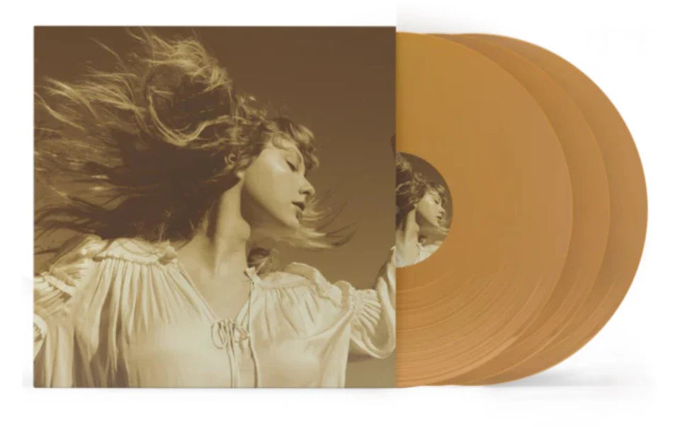 Vinilo dorado de Taylor Swift Fearless (Taylor’s Version) usado, con portada y etiquetas visibles.