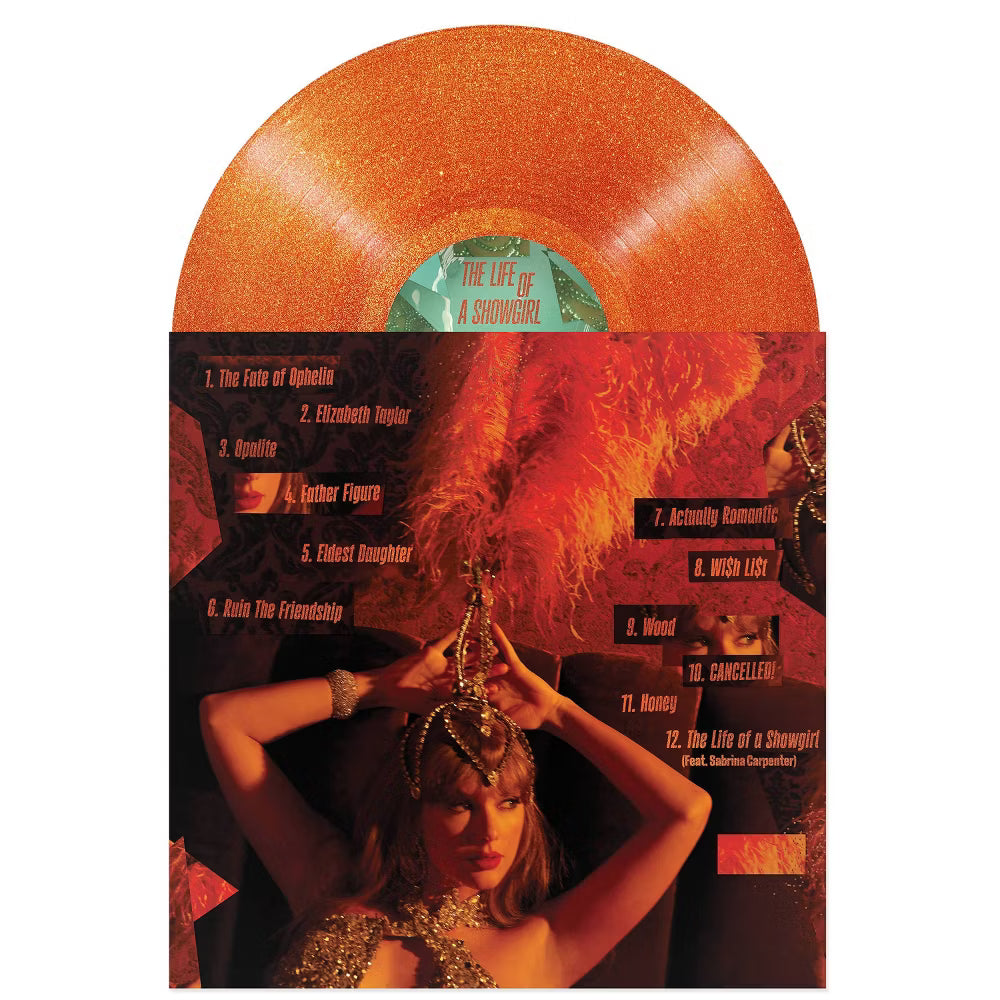 Perfume Taylor Swift The Life of a Showgirl – Sweat and Vanilla en envase de vinilo con glitter naranja de Oh My Cd!