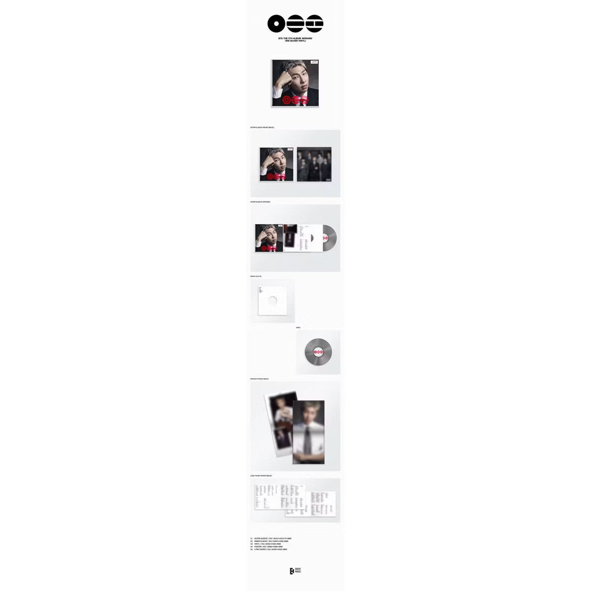 Vinilo de edición exclusiva de BTS ARIRANG en plata de RM, fabricado por Oh My Cd! en una imagen clara del producto.