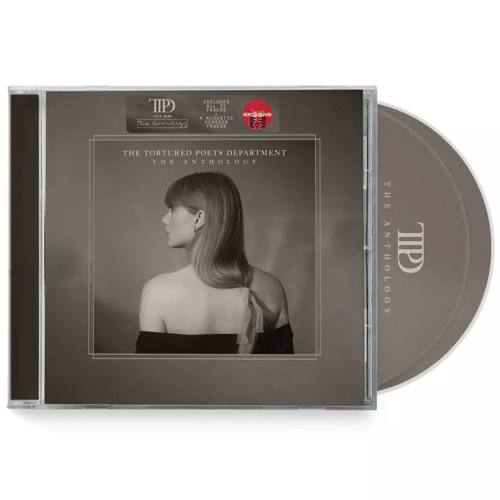 Álbum CD de Taylor Swift, The Tortured Poets Department: The Anthology, en una funda con arte y título visible.