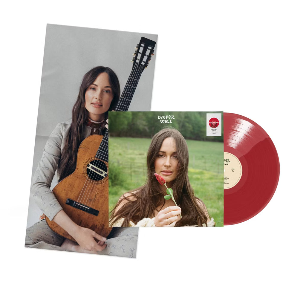 Vinilo de la edición Crimson Clover de Kacey Musgraves – Deeper Well, con portada colorida y diseño artístico.