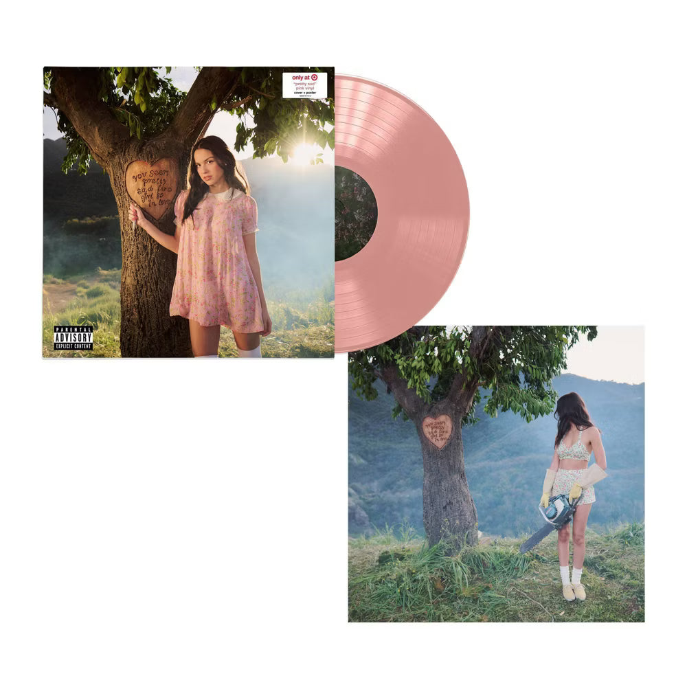 Vinilo rosa de Olivia Rodrigo "you seem pretty sad for a girl so in love" de Oh My Cd!, vista de la portada con diseño colorido.
