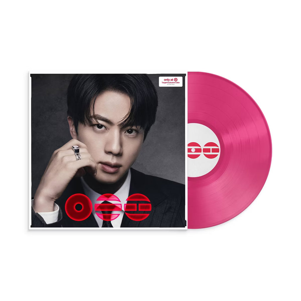 Vinilo rosa de BTS Arirang, edición exclusiva de Jin, en una portada con arte del álbum y detalles visuales en la imagen.