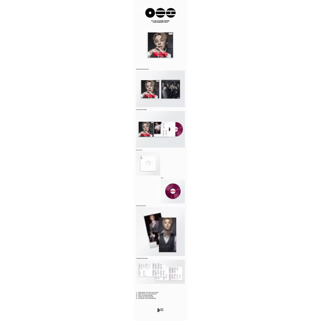 Vinilo burgundy exclusivo de BTS Arirang de Jimin, marca Oh My Cd!, visible con detalles del arte en la portada.