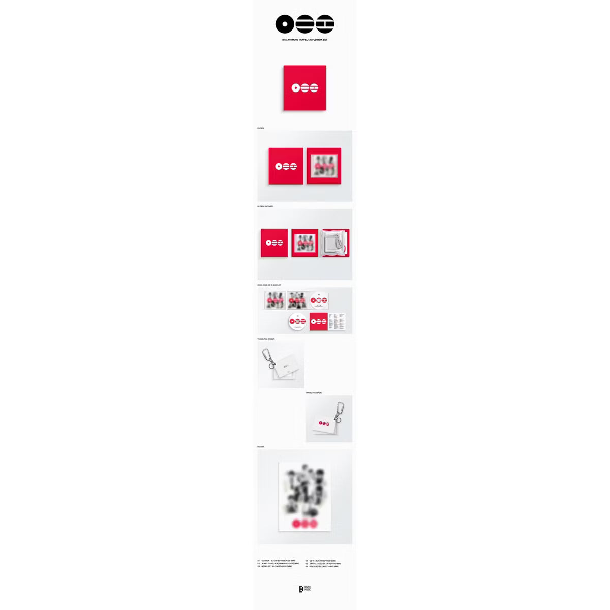 Set de caja CD de BTS Arirang de Oh My Cd!, con etiquetas de viaje y diseño compacto para coleccionistas de música K-pop.