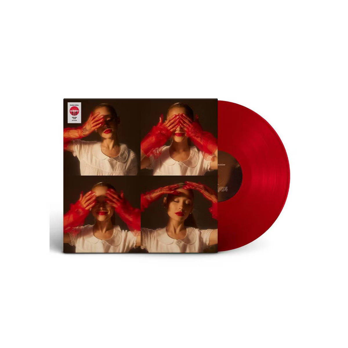 Vinilo rubí exclusivo de Ariana Grande – Eternal Sunshine, de la marca Oh My Cd! en una funda de vinilo color rojo brillante.