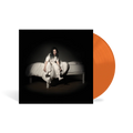 Disco de vinilo naranja de Billie Eilish – WHEN WE ALL FALL ASLEEP, WHERE DO WE GO? en estado usado, con portada visible.