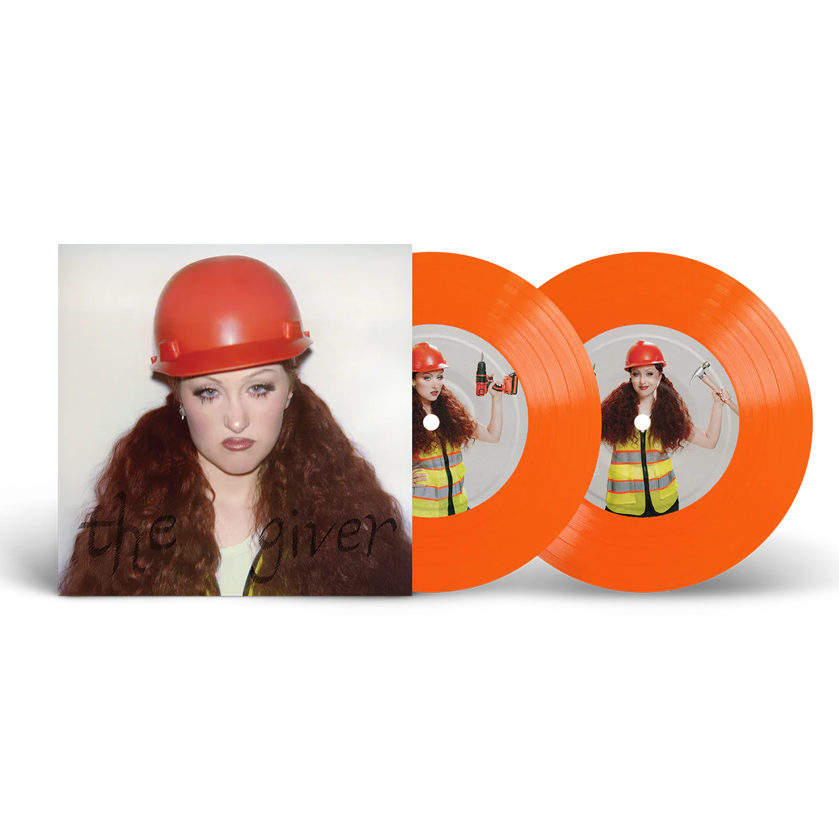 Vinilo de 7 pulgadas de Chappell Roan, The Giver, edición naranja neón con ilustración de un trabajador de construcción.
