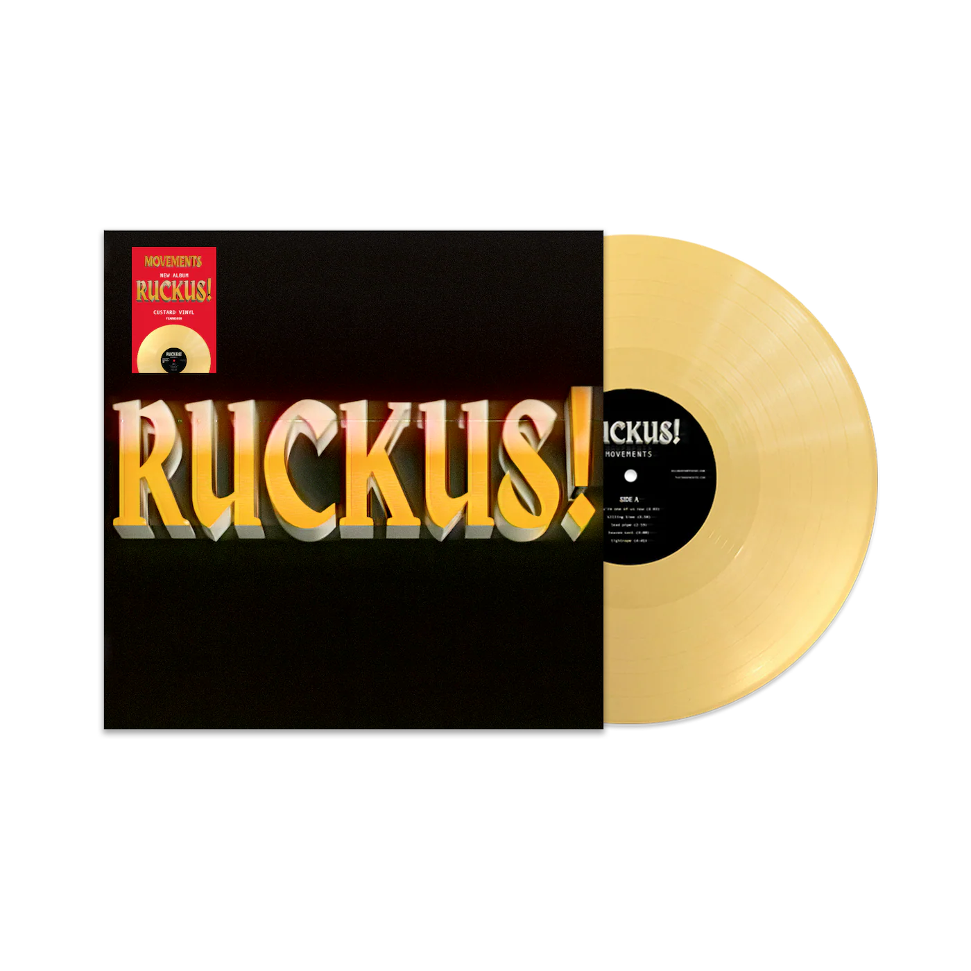 Pegatina del álbum Movements – Ruckus! en vinilo de color crema de la marca Oh My Cd! con diseño ancho y llamativo.