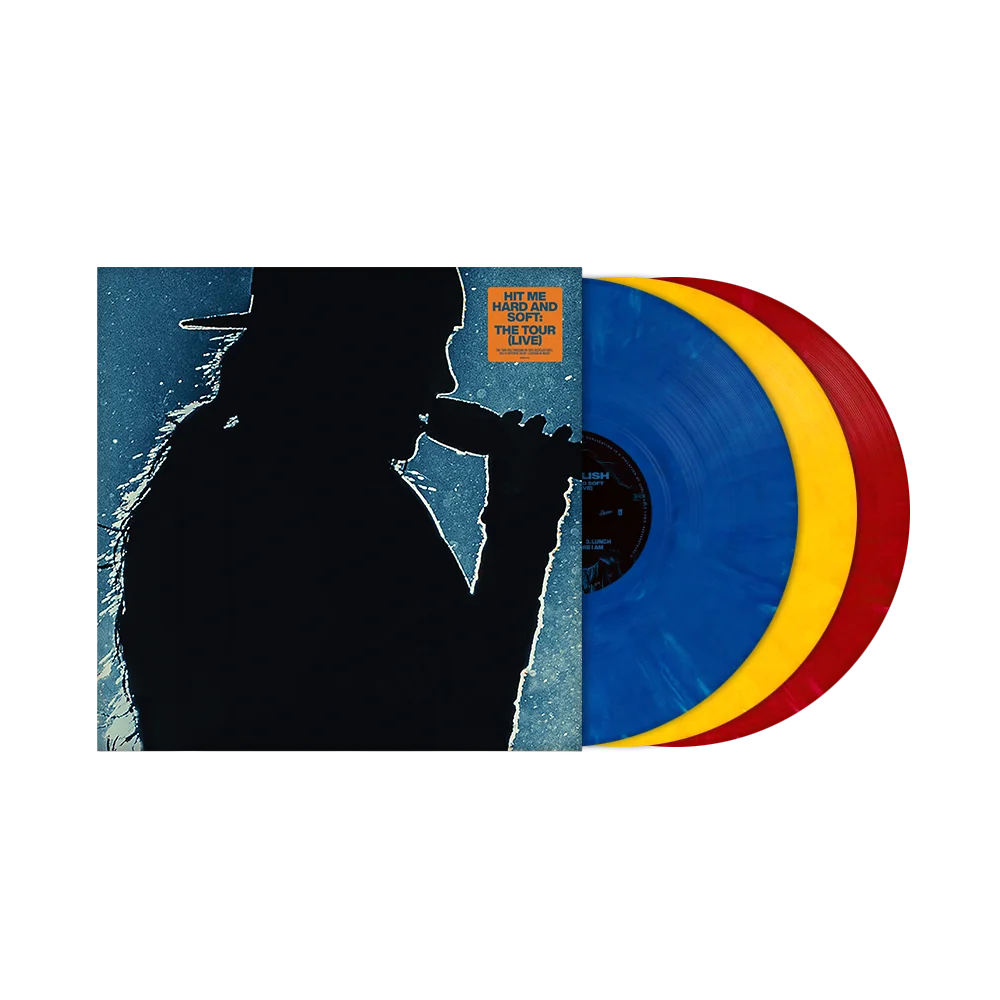 Vinilo de Billie Eilish "Hit Me Hard and Soft: The Tour" en portada con arte colorido y título en letras grandes.