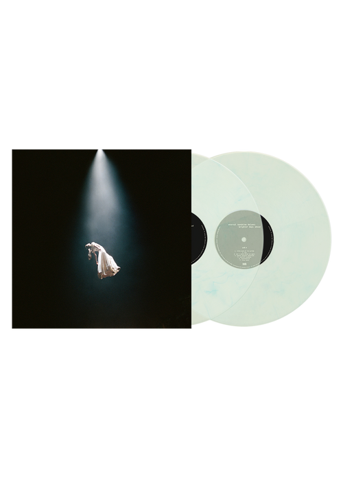 Vinilo de doble capa de 2LP de Ariana Grande, Eternal Sunshine Deluxe en vinilo de mármol translúcido, con diseño artístico visible.