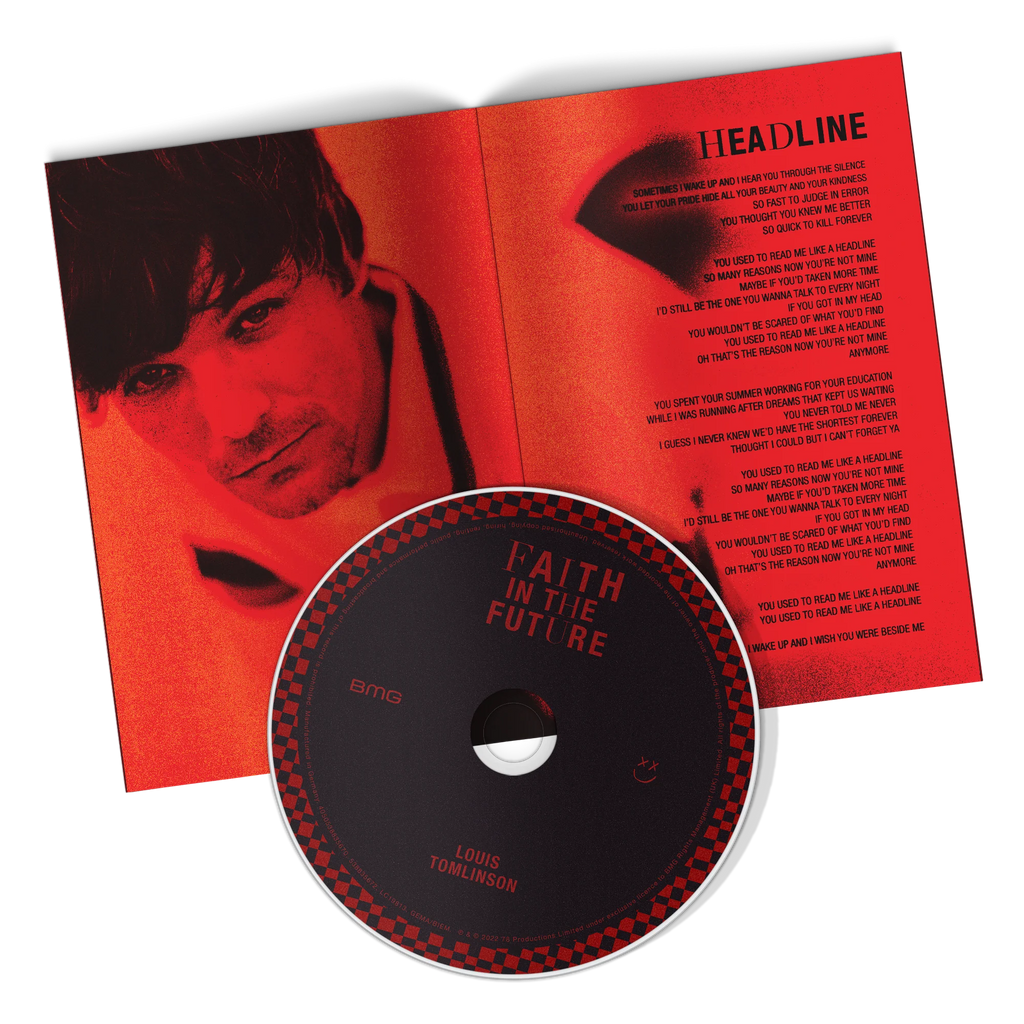 Imagen del CD Zine de Louis Tomlinson, Faith In The Future, con portada artística en colores vibrantes y diseño de Zine.